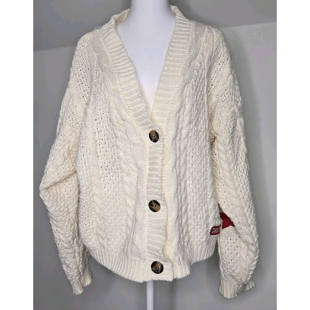 Taylor Swift Inspired Folklore Cardigan Cream Cable Knit Red Stars Patch Cottage